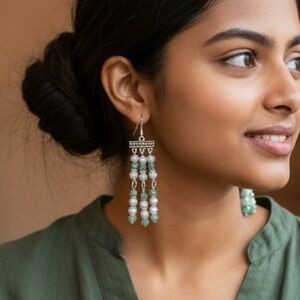 HAND CRAFTED EARRINGS QUARTZ DANGLING TASSEL FRINGE White Mint Green Silver